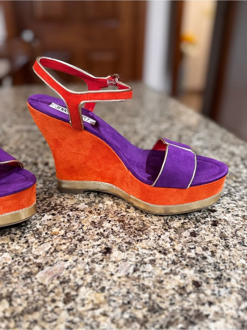 Jennifer Lopez Orange and Purple Suede Wedge Sandals